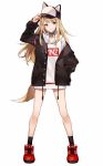  1girl bare_legs baseball_cap blonde_hair blue_eyes collar commentary_request fox_tail full_body hand_in_pocket hat hat_tip hat_with_ears highres hood hoodie jacket long_hair no_pants off_shoulder open_clothes open_jacket red_footwear shugao smile tail virtual_youtuber white_background 