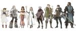  4boys 4girls alfyn_(octopath_traveler) blonde_hair boots brown_hair cyrus_(octopath_traveler) dancer earrings everyone gloves h&#039;aanit_(octopath_traveler) hair_over_one_eye hat hoop_earrings jewelry map midriff mole mole_under_mouth multiple_boys multiple_girls octopath_traveler official_art olberic_eisenberg ophilia_(octopath_traveler) poncho primrose_azelhart sandals scar scarf serious smile square_enix staff sword therion_(octopath_traveler) tressa_(octopath_traveler) weapon yoshida_akihiko 