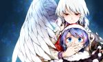  2girls bangs blue_eyes blue_hair closed_mouth commentary_request covering_mouth doremy_sweet eyebrows_visible_through_hair feathered_wings hat kikuichi_monji kishin_sagume long_sleeves multiple_girls nightcap pom_pom_(clothes) red_eyes single_wing touhou white_hair white_wings wings 
