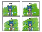  1girl blue_hair cirno comic despacito deviantartmossington english fairy highres ice ice_wings looking_at_viewer loss meme musical_note pegazora spoken_musical_note tan tanned_cirno touhou wings 