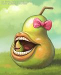  biting_pear_of_salamanca bow clouds cloudy_sky commentary day english_commentary food fruit grass monster no_humans original outdoors pear pink_bow sky twarda8 