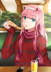  1girl absurdres alphaarietis alternate_costume aqua_eyes bangs casual cellphone character_doll commentary darling_in_the_franxx drinking_straw eating eyebrows_visible_through_hair food glass hairband highres hiro_(darling_in_the_franxx) holding holding_food holding_pizza horns long_hair looking_at_viewer phone pink_hair pizza red_horns red_scarf red_sweater scarf sitting sleeves_past_wrists smartphone solo striped striped_scarf striped_sweater sweater white_hairband zero_two_(darling_in_the_franxx) 