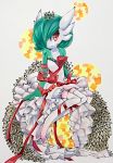  brown_eyes closed_mouth creature crown dress gardevoir gen_3_pokemon marker_(medium) no_humans pokemon pokemon_(creature) red_ribbon ribbon sitting smile solo soma_somari traditional_media white_background white_dress 