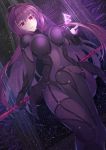  1girl ahoge bodysuit breasts castle covered_navel fate/grand_order fate_(series) gae_bolg hair_intakes highres holding holding_weapon large_breasts long_hair looking_at_viewer mukunokino_isshiki polearm purple_bodysuit purple_hair red_eyes rune scathach_(fate/grand_order) smile snow spear very_long_hair weapon 