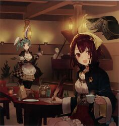  1boy 2girls absurdres animal_ears apron atelier_(series) atelier_sophie blue_hair blush book bow breasts brown_eyes brown_hair cup employee_uniform facial_hair green_hair highres horst_basler huge_filesize instrument jewelry long_hair looking_at_viewer maid_apron multiple_girls noco_(adamas) official_art open_mouth piano rabbit_ears scan short_hair solo sophie_neuenmuller tess_heitzmann uniform 