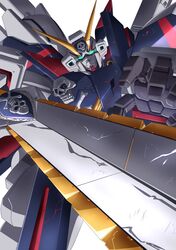  absurdres close-up crossbone_gundam crossbone_gundam_x-1_full_cloth glowing glowing_eyes green_eyes gundam highres mecha no_humans skull_and_crossbones solo sword tyuuboutyauyo weapon white_background 