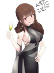  1girl absurdres alcohol black_dress black_ribbon brown_hair cup dress drinking_glass dsr-50_(girls_frontline) girls_frontline hand_on_hip highres long_hair looking_at_viewer open_clothes open_mouth red_eyes ribbon rot_zzi smile wine wine_glass 