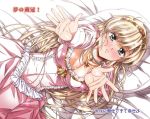  1girl bangs bed_sheet blonde_hair blush breasts cleavage collarbone dress earrings frills green_eyes jewelry large_breasts long_hair long_sleeves looking_at_viewer lying necklace on_back original outstretched_arms parted_lips pillow pink_dress puffy_sleeves scan shiny shiny_skin smile solo sparkle tiara urushihara_satoshi 