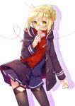  1girl artoria_pendragon_(all) black-framed_eyewear blonde_hair contrapposto cowboy_shot fate/grand_order fate_(series) heart-shaped_box highres hitsujike_(hamsterhouse) looking_at_viewer mysterious_heroine_x_(alter) plaid plaid_scarf scarf school_uniform semi-rimless_eyewear serafuku solo under-rim_eyewear yellow_eyes 