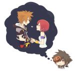  1boy 1girl breasts brown_hair commentary_request hood hoodie jewelry jyaco7777 kairi_(kingdom_hearts) kingdom_hearts kingdom_hearts_i kingdom_hearts_ii necklace redhead short_hair sora_(kingdom_hearts) thought_bubble 