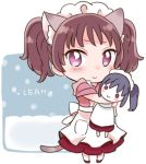  1girl :&gt; animal_ears apron blue_hair blush brown_hair cat_ears cat_tail character_doll character_name chibi commentary_request doll full_body holding holding_doll izumi_kirifu kazuno_leah kazuno_sarah kemonomimi_mode looking_at_viewer love_live! love_live!_sunshine!! maid maid_headdress red_footwear red_skirt short_sleeves side_ponytail skirt smile snow snowing solo standing tail twintails violet_eyes waist_apron white_apron 