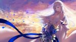  1girl absurdres alternate_costume azur_lane bangs bare_shoulders belfast_(azur_lane) blue_eyes blush bouquet braid breasts bridal_veil bride chains cleavage clouds collar collarbone dress evening eyebrows_visible_through_hair floating_hair flower french_braid hand_up higandgk highres holding holding_bouquet large_breasts long_hair looking_at_viewer outdoors petals silver_hair sky smile solo star_(sky) starry_sky veil wedding_dress white_dress wind wind_lift 
