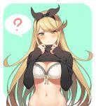  1girl ? absurdres bangs blonde_hair blush bra breasts cleavage earrings hair_ribbon hairband highres mythra_(xenoblade) icarus_(632247131) jewelry large_breasts long_sleeves looking_at_viewer navel panties ribbon shirt_lift sleeves_past_wrists solo spoken_question_mark stud_earrings swept_bangs turtleneck underwear white_bra white_panties xenoblade_(series) xenoblade_2 yellow_eyes 