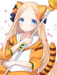  1girl abigail_williams_(fate/grand_order) animal_ears bangs black_bow blonde_hair blue_eyes blush bow commentary_request dutch_angle eyebrows_visible_through_hair fate/grand_order fate_(series) forehead hair_bow hand_up holding hood hood_down hoodie kemonomimi_mode long_hair long_sleeves looking_at_viewer midori_(m_ryokutya) orange_bow orange_hoodie parted_bangs parted_lips polka_dot polka_dot_bow puffy_long_sleeves puffy_sleeves solo star striped striped_tail tail tiger_ears tiger_girl tiger_tail very_long_hair white_background 