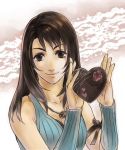  1girl arm_ribbon arm_warmers bangs black_hair breasts chocolate chocolate_heart closed_mouth female final_fantasy final_fantasy_viii food heart holding holding_chocolate holding_food jewelry long_hair lowres necklace ribbon rinoa_heartilly sleeveless smile solo 