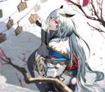  1boy branch ema from_behind hair_between_eyes horns japanese_clothes long_hair looking_at_viewer looking_back nexie nijisanji official_art outdoors parted_lips pointy_ears red_eyes red_rope rope sleeves_past_wrists squatting umiyasha_no_kami very_long_hair virtual_youtuber white_hair wide_sleeves 