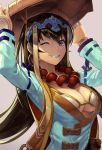  1girl adjusting_clothes adjusting_hat bead_necklace beads beppu_mitsunaka black_hair breasts brown_eyes cleavage fate/grand_order fate_(series) hat headpiece jewelry large_breasts long_hair looking_at_viewer necklace one_eye_closed pink_background prayer_beads smile solo upper_body white_robe xuanzang_(fate/grand_order) 