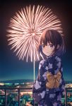  1girl blush bow brown_eyes brown_hair city fireworks floral_print horizon japanese_clothes kawami_nami kimono long_sleeves looking_at_viewer looking_back night night_sky original outdoors purple_kimono railing river short_hair sky smile solo yellow_bow 