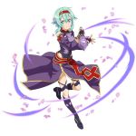  1girl blue_eyes blue_hair boots breastplate cosplay detached_sleeves eyebrows_visible_through_hair fingerless_gloves full_body gloves hairband holding holding_sword holding_weapon knee_boots leotard looking_at_viewer one_leg_raised petals purple_footwear purple_gloves purple_skirt red_hairband shinon_(sao) short_hair_with_long_locks sidelocks simple_background skirt smile solo standing standing_on_one_leg sword sword_art_online weapon white_background yuuki_(sao) yuuki_(sao)_(cosplay) 