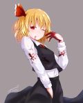  1girl ;p baileys_(tranquillity650) black_skirt blonde_hair blood blood_from_mouth blood_on_face bloody_clothes bloody_hands commentary_request eyebrows_visible_through_hair grey_background hair_ribbon highres long_hair long_sleeves one_eye_closed red_eyes red_ribbon ribbon rumia short_hair signature simple_background skirt slit_pupils solo tongue tongue_out touhou 