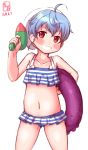  1girl artist_name bikini blue_bikini blue_hair commentary_request cowboy_shot dated frilled_bikini frills grin highres innertube kanon_(kurogane_knights) kantai_collection looking_at_viewer navel red_eyes sado_(kantai_collection) short_hair simple_background smile solo striped striped_bikini swim_cap swimsuit water_gun white_background 