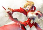  1girl aestus_estus ahoge blonde_hair braid breasts cleavage commentary_request dress epaulettes fate/extra fate_(series) french_braid green_eyes hair_intakes hair_ribbon juliet_sleeves large_breasts long_sleeves nero_claudius_(fate) nero_claudius_(fate)_(all) open_mouth puffy_sleeves red_dress red_ribbon retsuna ribbon see-through solo sword weapon wide_sleeves 