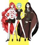  3others androgynous black_eyes black_hair bort closed_eyes elbow_gloves frown gem_uniform_(houseki_no_kuni) gloves green_eyes green_hair hands_on_hips houseki_no_kuni long_hair looking_at_viewer multiple_others necktie open_clothes open_mouth open_shirt padparadscha_(houseki_no_kuni) phosphophyllite redhead short_hair shumiko_(kamenokoueki) smile thigh-highs very_long_hair wavy_hair 