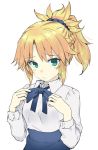 1girl adjusting_clothes artoria_pendragon_(all) blonde_hair blue_ribbon blue_scrunchie blue_skirt braid cosplay fate/apocrypha fate/grand_order fate/stay_night fate_(series) french_braid frown gedou_(ge_ge_gedou) green_eyes hair_ornament hair_scrunchie highres long_hair long_sleeves looking_at_viewer mordred_(fate) mordred_(fate)_(all) ponytail ribbon saber saber_(cosplay) scrunchie shirt skirt upper_body white_background white_shirt 