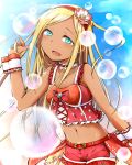  1girl :d aqua_eyes bare_shoulders belt belt_buckle blonde_hair bubble buckle choker collarbone cowboy_shot crop_top dark_skin flower frilled_choker frilled_shirt frills fringe hairband hand_up highres idolmaster idolmaster_cinderella_girls kagiana layla_(idolmaster) long_hair looking_at_viewer microphone navel open_mouth red_belt red_choker red_hairband red_shirt red_shorts shirt shorts smile solo straight_hair tank_top tareme wrist_cuffs 