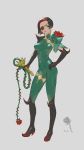  1girl black_hair bodysuit breasts commentary flower gloves hand_on_hip highres looking_at_viewer original short_hair solo tim_loechner 