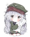  1girl bangs barefoot black_shirt black_shorts blush brown_eyes character_name chibi closed_mouth cottontailtokki eyebrows_visible_through_hair g11_(girls_frontline) girls_frontline green_hat green_jacket hair_between_eyes hat head_tilt highres jacket long_hair long_sleeves looking_at_viewer open_clothes open_jacket pillow pillow_hug shirt short_shorts shorts silver_hair sitting solo very_long_hair wariza white_background 