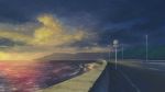  absurdres clouds cloudy_sky evening guard_rail highres night no_humans ocean original outdoors peke_(shadow105) road road_sign scenery sign sky summer twilight 