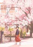 1girl arm_at_side backpack bag black_hair blue_jacket building cherry_blossoms dappled_sunlight day gemi highres jacket looking_at_viewer original outdoors plant potted_plant red_skirt scenery shoes short_hair skirt sneakers solo standing sunlight white_footwear window 