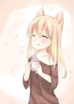  1girl :d ^_^ absurdres animal_ears black_shirt blonde_hair closed_eyes commentary_request cup fang fox_ears fox_print fujishio highres off_shoulder open_mouth original oversized_clothes shirt smile steam tea teacup 