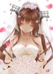  1girl akatsuki_hijiri backlighting bangs bare_shoulders bouquet breasts bridal_veil brown_hair cherry_blossoms cleavage closed_eyes closed_mouth dress flower hair_flower hair_ornament head_down head_tilt headgear holding holding_bouquet jewelry kantai_collection large_breasts long_hair necklace pearl_necklace petals ponytail sidelocks simple_background smile solo strapless strapless_dress upper_body veil very_long_hair wedding_dress white_background white_dress yamato_(kantai_collection) 