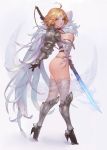  1girl ahoge armor black_footwear blonde_hair breasts chocofing_r commentary gloves leg_armor looking_at_viewer original short_hair solo sword weapon 