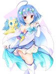  1girl ahoge blue_hair boots bow creature dress glasses hair_ornament jewelpet_(series) jewelpet_twinkle jewelry magical_girl necklace ratryu red_eyes sapphie_(jewelpet) sara_(jewelpet_twinkle) short_hair thigh-highs thigh_boots white_footwear 