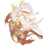  2girls ;o arm_over_head bat_hair_ornament bikini blonde_hair boots bow cape copyright_request dress grey_eyes grey_hair hair_ornament hair_ribbon knees_together_feet_apart long_hair looking_at_viewer multiple_girls navel one_eye_closed outstretched_arm red_cape red_eyes red_legwear ribbon side-tie_bikini simple_background sleeveless sleeveless_dress swimsuit thigh-highs thigh_boots totatokeke twintails white_background white_footwear white_ribbon yellow_bow yellow_ribbon 