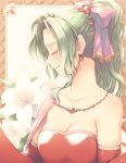  1girl bare_shoulders bow breasts cleavage closed_eyes closed_mouth collarbone detached_sleeves earrings final_fantasy final_fantasy_vi flower green_hair hair_bobbles hair_bow hair_intakes hair_ornament jewelry kano_hito leaf lily_(flower) long_hair long_sleeves medium_breasts ponytail purple_bow smile solo strapless tina_branford upper_body wavy_hair white_flower 