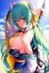  1girl aqua_hair arm_up bare_shoulders beach bikini blush bow breasts clouds detached_collar fate/grand_order fate_(series) hair_bow highres holding holding_weapon horns japanese_clothes kimono kiyohime_(fate/grand_order) kiyohime_(swimsuit_lancer)_(fate) large_breasts long_hair looking_at_viewer mika_pikazo polearm sky solo swimsuit weapon yellow_bikini yellow_eyes 
