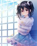  1girl against_wall bangs black_hair blue_skirt cloud_print frilled_skirt frills hair_between_eyes hair_ornament hairpin indoors kokkeina_budou light_blush long_sleeves looking_at_viewer love_live! love_live!_school_idol_project pillow pillow_hug print_pillow print_skirt rainbow red_eyes skirt smile solo star star_print twintails window wing_hair_ornament yazawa_nico 