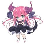  1girl asymmetrical_horns bangs black_dress black_ribbon blue_eyes blush boots breasts cer_(cerber) chibi closed_mouth curled_horns detached_sleeves dragon_girl dragon_horns dragon_tail dress elizabeth_bathory_(fate) elizabeth_bathory_(fate)_(all) eyebrows_visible_through_hair fate/extra fate/extra_ccc fate_(series) full_body hair_between_eyes hair_ribbon hand_up horns knee_boots long_hair long_sleeves lowres pink_hair pointy_ears ribbon simple_background small_breasts smile solo standing tail tail_raised very_long_hair white_background white_footwear 