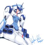  2018 :o arm_support blue_eyes blush breasts darling_in_the_franxx delphinium_(darling_in_the_franxx) hori_shin looking_at_viewer mecha medium_breasts no_humans no_nose shadow signature simple_background sitting solo thick_thighs thighs white_background 