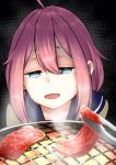  1girl ahoge bangs blue_eyes drooling eyebrows_visible_through_hair food furrowed_eyebrows hair_between_eyes half-closed_eyes kagamihara_nadeshiko meat medium_hair open_mouth pink_hair saliva solo steam tongs toro_(trtr29) upper_body yakiniku yurucamp 