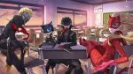  1girl 2boys amamiya_ren black_hair black_jacket blonde_hair boots cat cat_mask classroom dagger desk domino_mask finger_to_mouth gloves highres ian_olympia jacket legs_crossed looking_at_viewer mask morgana_(persona_5) multiple_boys persona persona_5 red_gloves sakamoto_ryuuji scarf school_desk skull_mask smile takamaki_anne thigh-highs thigh_boots twintails weapon window 