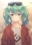  1girl brown_background earrings eyewear_on_head gradient gradient_background green_eyes green_hair hatsune_miku jacket jewelry kawami_nami long_sleeves looking_at_viewer necklace red_jacket shirt short_hair solo suna_no_wakusei_(vocaloid) sunglasses vocaloid white_shirt 