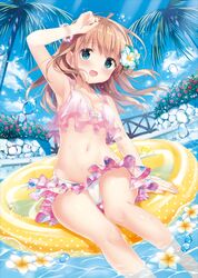  1girl :d arm_up bangs bare_shoulders bikini blue_eyes blue_flower blue_sky blush bracelet breasts clouds commentary_request day eyebrows_visible_through_hair flower hair_flower hair_ornament innertube jewelry kimishima_ao light_brown_hair long_hair looking_at_viewer momoi_saki open_mouth original outdoors pool see-through sitting sky small_breasts smile soaking_feet swimsuit water wet white_bikini 