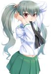  1girl anchovy arms_up bangs black_neckwear blush closed_mouth commentary_request eyebrows_visible_through_hair girls_und_panzer green_hair green_skirt hair_between_eyes long_sleeves midriff_peek miri_(ago550421) mouth_hold navel neckerchief ooarai_school_uniform pleated_skirt red_eyes sailor_collar school_uniform serafuku shirt simple_background skirt solo tying_hair white_background white_sailor_collar white_shirt 