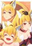  3girls :o animal_ears bangs bare_shoulders black_choker blonde_hair blush blush_stickers choker collarbone copyright_name detached_sleeves dress evolution eyebrows_visible_through_hair fang fox_ears hat horan_(monster_super_league) looking_at_viewer miho_(monster_super_league) monster_super_league multiple_girls multiple_tails orange_background paw_pose pink_lips ponytail ran_(monster_super_league) red_dress red_eyes sash shoggoth_329 smile strapless strapless_dress tail 