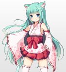  1girl :3 animal_ears bangs bare_shoulders blue_eyes blush bow cat_ears character_request closed_mouth commentary_request detached_sleeves eyebrows_visible_through_hair floral_print gradient gradient_background green_hair grey_background japanese_clothes kimono long_hair long_sleeves maplestory nekono_rin obi pink_kimono pleated_skirt print_kimono red_bow red_skirt ribbon-trimmed_legwear ribbon-trimmed_sleeves ribbon_trim sash short_kimono skirt sleeveless sleeveless_kimono sleeves_past_wrists smile solo thigh-highs very_long_hair white_legwear wide_sleeves 